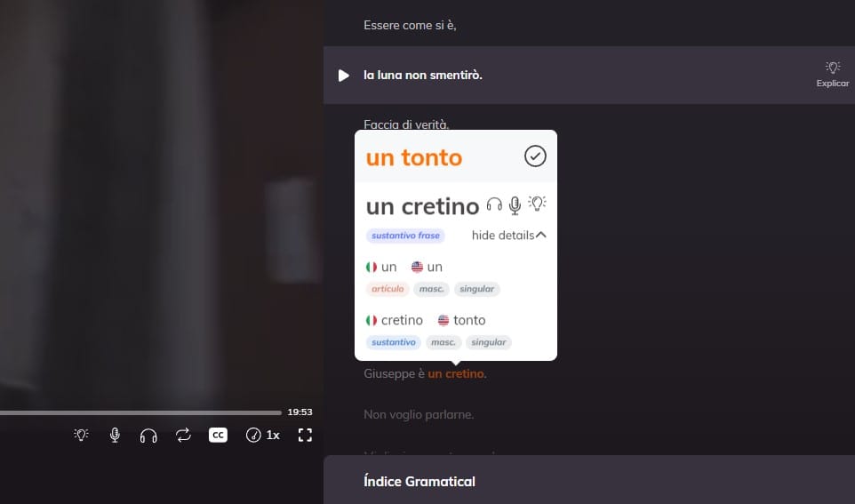 Índice gramatical de Lingopie para aprender gramática en italiano