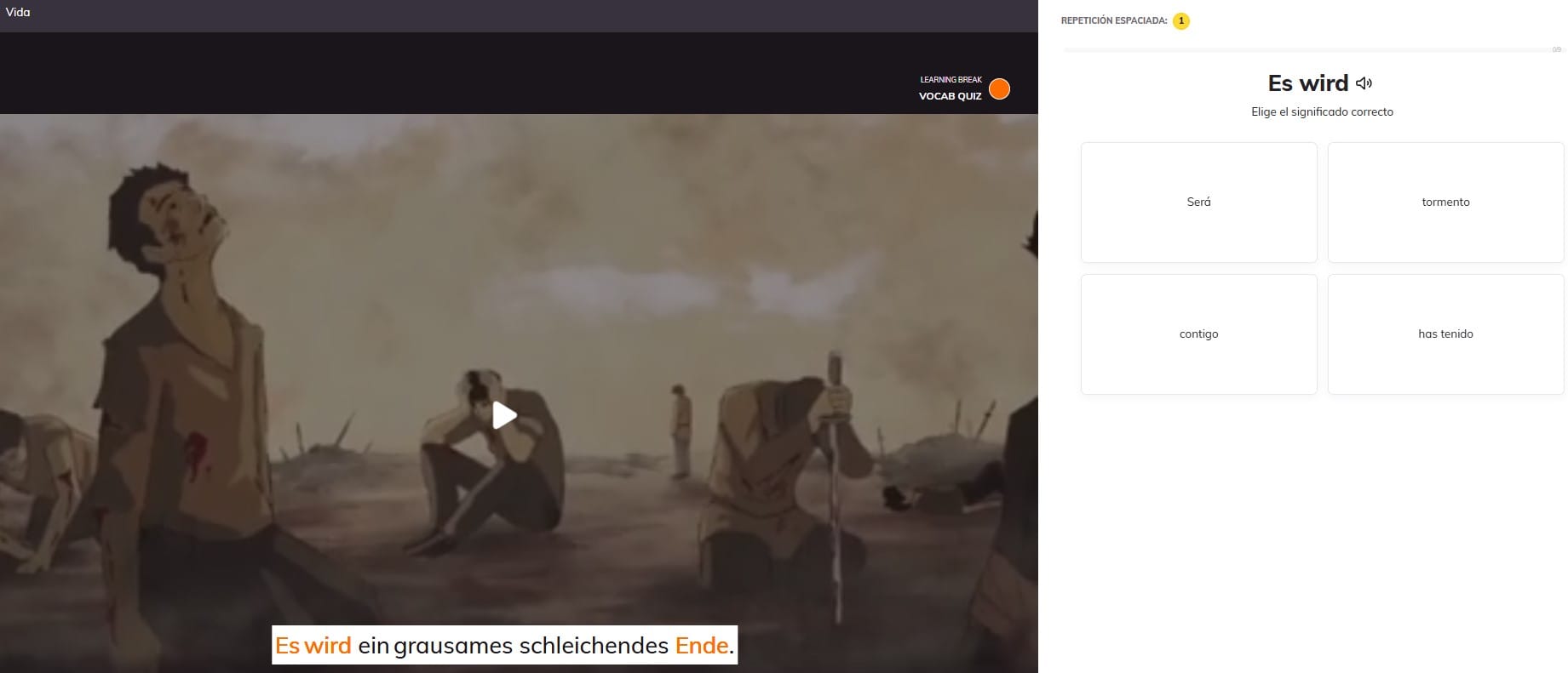 Herramienta de repetición espaciada de Lingopie para aprender palabras en alemán en contexto