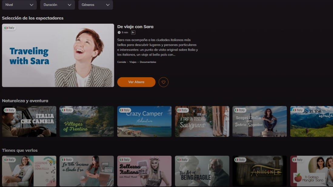 Catálogo de series y películas en italiano en Lingopie con filtros para encontrar contenido por nivel