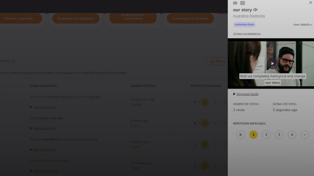Panel de Lingopie para practicar vocabulario guardado y revisar escenas de series