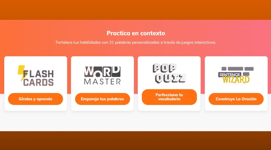 Sección de práctica en Lingopie con juegos interactivos para aprender vocabulario