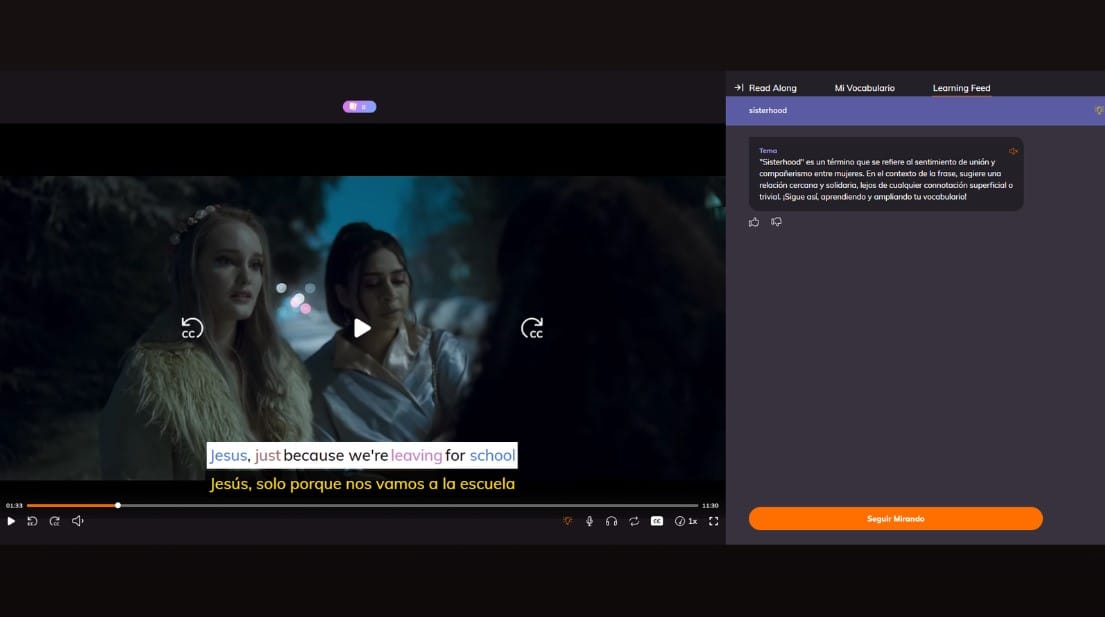 Panel de explicación de vocabulario del catálogo de Lingopie