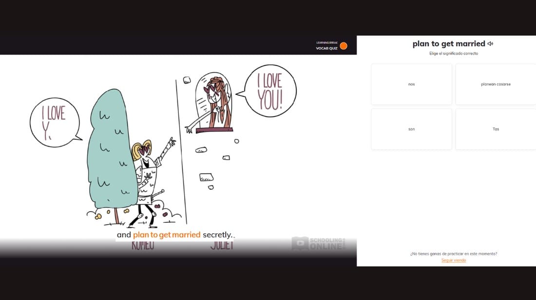 Ejercicio tipo quiz en Lingopie para reforzar el vocabulario del idioma