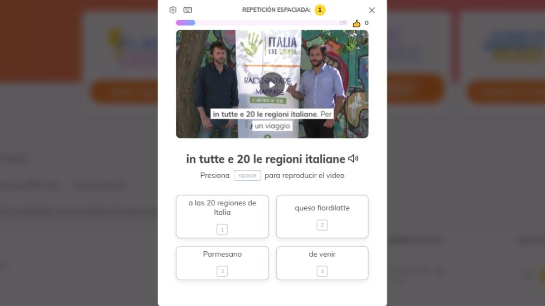 Ejercicio de repetición espaciada en Lingopie para practicar vocabulario