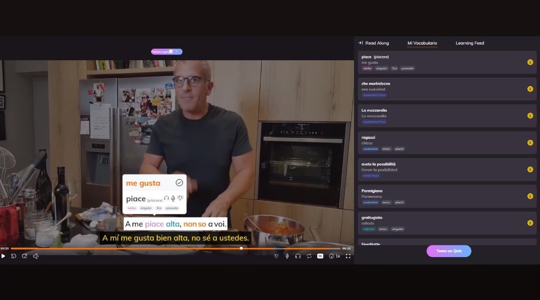 Panel de vocabulario de Lingopie con palabras en italiano guardadas desde los subtítulos duales